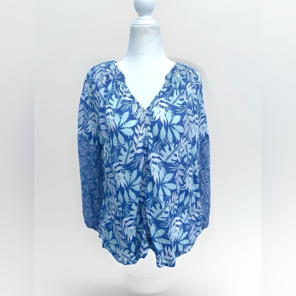 Sigrid Olsen Top 100% Linen Peasant Blue Printed Women M Balloon Sleeve Coastal